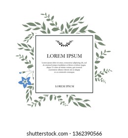 Floral frame with blue flowers, buds and decorative leaves on a white background. Invitation design, for greeting card, banner, poster. Vector illustration