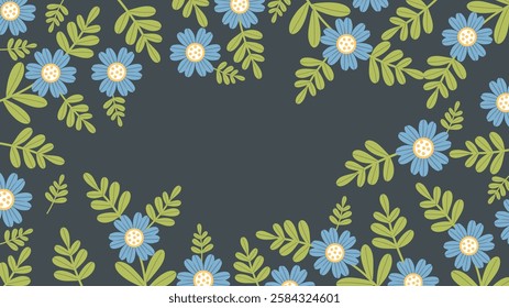 Floral Frame with Blue Flowers and Green Leaves on Dark ornament, wallpaper, decoration. Elegant Botanical Border. Vector horizontal Flat illustration