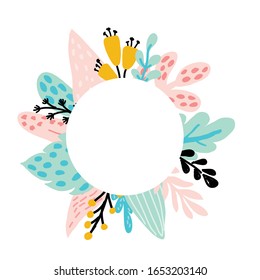Floral frame with blue and pink leaves of tropical trees, abstract plants, leaves, flowers in pastel colors. For invitations,cards for wedding Day,Mother s Day,Birthday,Women s day.vector illustration