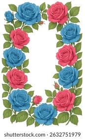 Floral Frame with Blue and Pink Roses, Botanical Illustration