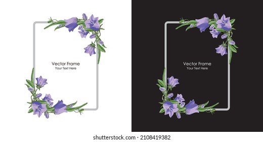 Floral frame. Frame with bluebell flowers. Floral design. Vector color frame. Flower and bell leaf. Empty frame for invitation, wedding, holiday. Hand drawn flower. Vector