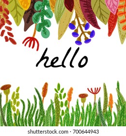 a floral frame, border or background.  Colorful leaves. Hand drawn by pencils. Vector cartoon illustration