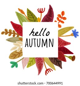 Floral frame, border, background. Cute modern flowers & leaves. Hand drawn by pencils. Vector cartoon illustration.