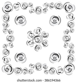 Floral frame border,  ornamental design, round element, stylized flower roses isolated on white background, monochrome vector illustration