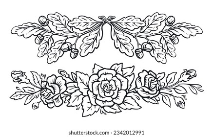 Floral frame border. Rose flowers and oak branches with acorns and leaves. Vintage sketch vector illustration