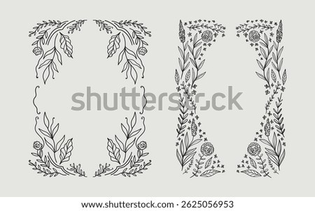 Floral frame border set hand drawn illustration with flowers, blooms, branch. line art style. Perfect for wedding, cards or invitation.