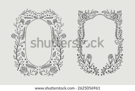 Floral frame border set hand drawn illustration with flowers, blooms, branch. line art style. Perfect for wedding, cards or invitation.