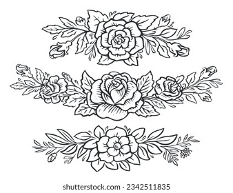 Floral frame border set. Roses, flowers and leaves. Hand drawn vintage pattern sketch vector illustration