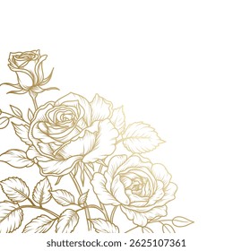 Floral frame with bouquet of roses. Corner decoration with golden flowers, branches and leaves in line art style. Vector illustration for wedding invitation, card, banner, advertising, packaging