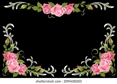 Floral frame from bouquets of roses.Colored vector illustration with a frame of roses with decor on a black background.