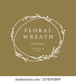 Floral frame with branches, leaves and flowers in line art style. Delicate botanical wreath. Vector illustration for label, monogram, logo, branding, wedding invitation, save the date