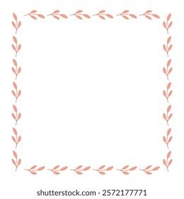 Floral frame with branches, pink leaves. Botanical border. Vector illustration. 