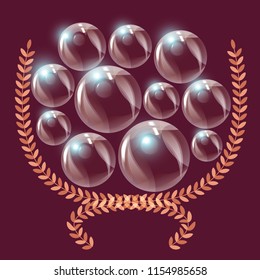 Floral frame and bubbles. Vector illustration of shiny bubbles in a laurel frame on a burgundy background.