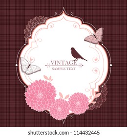 Floral frame with butterflies, bird and flower dahlia. Element for design. Vector illustration.