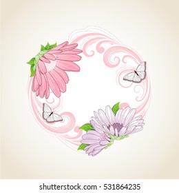 Floral frame with butterflies and flower chamomile. Element for design. Vector illustration.