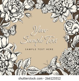 Floral frame with butterflies for your text. Vector illustration.