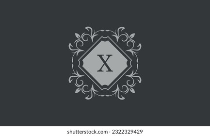 Floral frame with calligraphic elements, letter X. Template for signs, logos, labels, stickers, cards. Graphic design of the page, business.