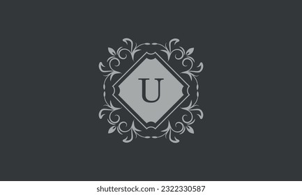 Marco floral con elementos caligráficos, letra U. Plantilla para carteles, logotipos, etiquetas, pegatinas, tarjetas. Diseño gráfico de la página, negocio.
