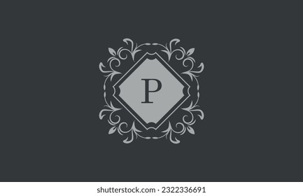 Floral frame with calligraphic elements, letter P. Template for signs, logos, labels, stickers, cards. Graphic design of the page, business.