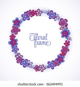 Floral Frame circle. Cute retro flowers arranged un a shape of the wreath perfect for wedding invitations and birthday cards