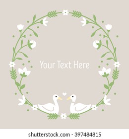 FLORAL FRAME CIRCLE WITH DUCKS IN LOVE COUPLE, WEDDING CARD, INVITATION, GREETING CARD, SAVE THE DATE