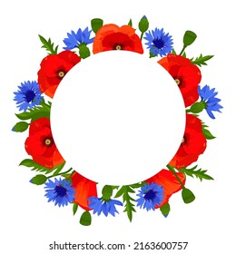 Floral frame circle with poppies, cornflowers,  buds and green leaves. Vector illustration isolated on a white background.