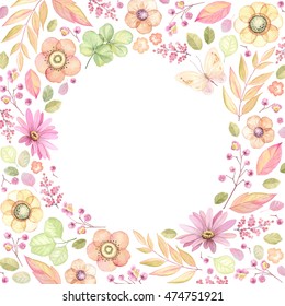 Floral frame with circle window. Vector illustration in vintage style of flowers, leaves and butterfly.