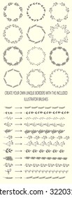 Floral Frame Collection. 12 different vector brushes. Isolated. Hand-drown decor elements. Set of cute retro flowers arranged in a shape of the wreath perfect for wedding invitation and birthday card