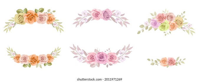 Floral frame collection with roses and eucalyptus leaves ornaments