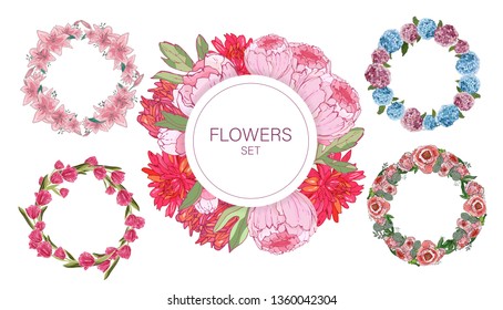 Floral Frame Collection. Set of cute flowers arranged un a shape of the wreath perfect for wedding invitations and birthday cards.Vector illustration. Hand drawn design elements in sketch style