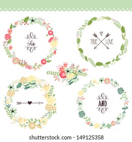 Floral Frame Collection. Set of cute retro flowers arranged un a shape of the wreath perfect for wedding invitations and birthday cards 