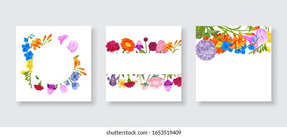 Colección de cuadros florales de lindas flores de verano de dibujos animados dispuestos en forma de corona perfecta para invitaciones de boda y tarjetas de cumpleaños, ilustración vectorial. Coronas florales para tarjetas de verano.
