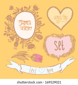 Floral Frame Collection. Set of cute retro flowers arranged un a shape of the wreath perfect for wedding invitations and birthday cards.