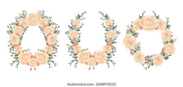 Floral Frame Collection. Set of cute retro flowers arranged un a shape of the wreath perfect for wedding invitations and birthday cards