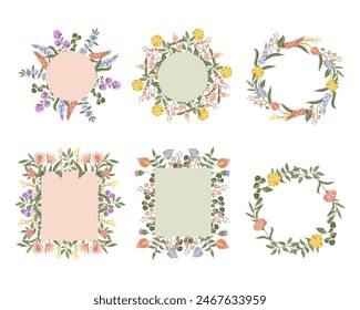 Floral Frame Collection. Set of cute retro flowers arranged un a shape of the wreath perfect for wedding invitations and birthday cards