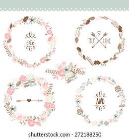 Floral Frame Collection. Set of cute retro flowers arranged un a shape of the wreath perfect for wedding invitations and birthday cards 