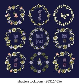 Floral Frame Collection. Set of cute retro flowers arranged un a shape of the wreath perfect for wedding invitations and birthday cards