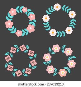 Floral Frame Collection. Set of cute retro flowers arranged un a shape of the wreath perfect for wedding invitations and birthday cards