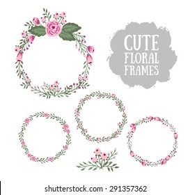 Floral Frame Collection. Set of cute retro flowers arranged in a shape of the wreath. Perfect for wedding invitations and birthday cards.