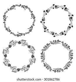 Floral Frame Collection. Set of cute retro flowers arranged in the shape of a wreath perfect for wedding invitations and birthday cards 