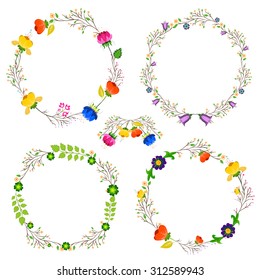 Floral Frame Collection. Set of cute retro flowers arranged un a shape of the wreath perfect for birthday cards and wedding invitations