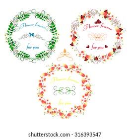 Floral Frame Collection. Set of cute retro flowers arranged un a shape of the wreath perfect for birthday cards and wedding invitations