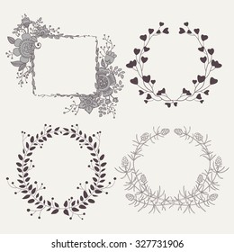 Floral Frame Collection. Set of cute retro flowers arranged un a shape of the wreath perfect for wedding invitations and birthday cards