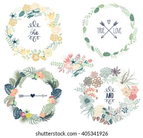 Floral Frame Collection. Set of cute retro flowers arranged un a shape of the wreath perfect for wedding invitations and birthday cards