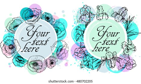 Floral Frame Collection. Set of cute retro flowers arranged un a shape of the wreath perfect for wedding invitations and birthday cards.