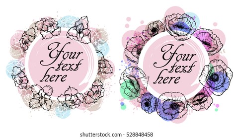 Floral Frame Collection. Set of cute retro flowers arranged un a shape of the wreath perfect for wedding invitations and birthday cards