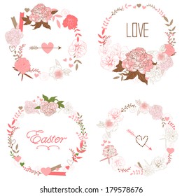 Floral Frame Collection. Set of retro styled peonies arranged at the shape of the wreath perfect for wedding invitations and birthday cards