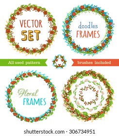 Floral Frame Collection. Vector set. Hand-drawn circle frames isolated on white background. There is place for text in the center of frame. Can be used for birthday cards and wedding invitations. 