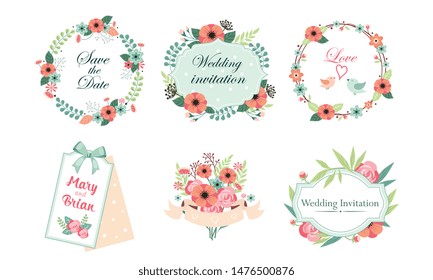 Floral Frame Collection, Wedding Invitation, Save the Date Card Design Elemets, Frame Beautiful with Blooming Flowers Vector Illustration