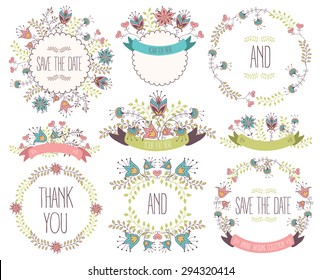 Floral Frame Collection. Wedding set flowers, wreaths, ribbons. Vector illustration